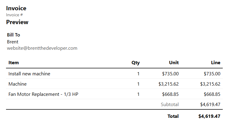 DuroWork invoice preview screen